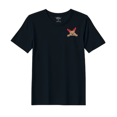 BYFT Threads Medium Black Polycotton T-Shirt - Christmas "Peeking Reindeer" Embroidered Design, Premium Holiday Collection