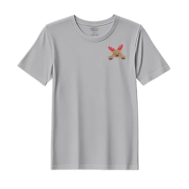 BYFT Threads XL Grey Polycotton T-Shirt - Christmas "Peeking Reindeer" Embroidered Design, Premium Holiday Collection