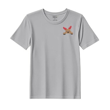 BYFT Threads XXL Grey Polycotton T-Shirt - Christmas "Peeking Reindeer" Embroidered Design, Premium Holiday Collection