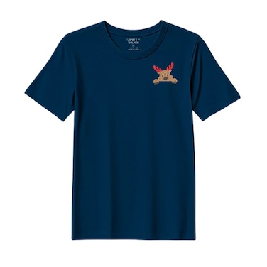 BYFT Threads Large Navy Blue Polycotton T-Shirt - Christmas "Peeking Reindeer" Embroidered Design, Premium Holiday Collection
