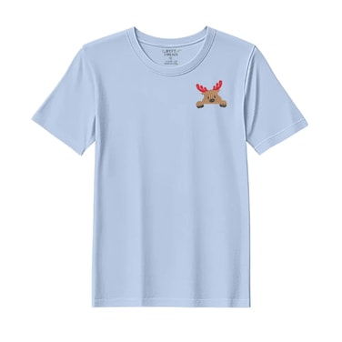BYFT Threads XL Sky Blue Polycotton T-Shirt - Christmas "Peeking Reindeer" Embroidered Design, Premium Holiday Collection