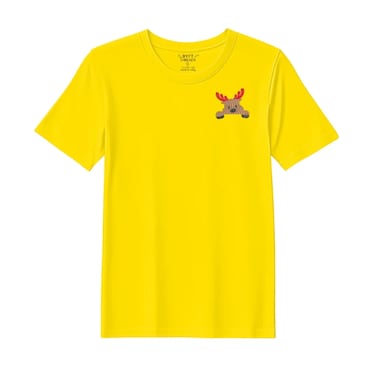 BYFT Threads Large Yellow Polycotton T-Shirt - Christmas "Peeking Reindeer" Embroidered Design, Premium Holiday Collection