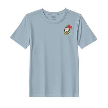 BYFT Threads Medium Baby Blue Polycotton T-Shirt - Christmas "Penguin Gift Box" Embroidered Design, Premium Holiday Collection