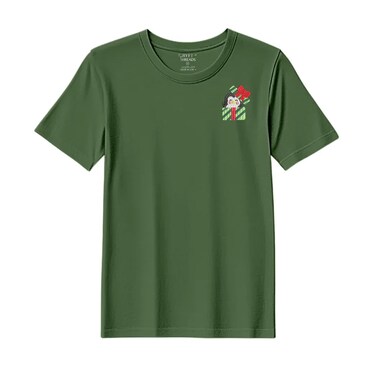 BYFT Threads Large Forest ELF Green Polycotton T-Shirt - Christmas "Penguin Gift Box" Embroidered Design, Premium Holiday Collection