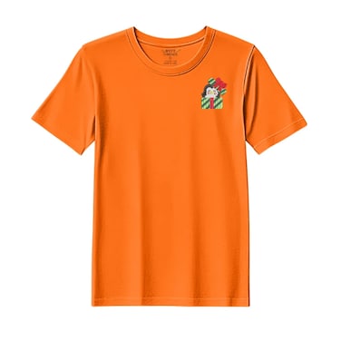 BYFT Threads Medium Orange Polycotton T-Shirt - Christmas "Penguin Gift Box" Embroidered Design, Premium Holiday Collection