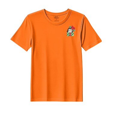 BYFT Threads Large Orange Polycotton T-Shirt - Christmas "Penguin Gift Box" Embroidered Design, Premium Holiday Collection