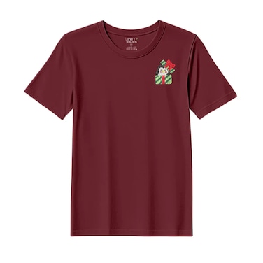BYFT Threads XL Pomegranate Polycotton T-Shirt - Christmas "Penguin Gift Box" Embroidered Design, Premium Holiday Collection