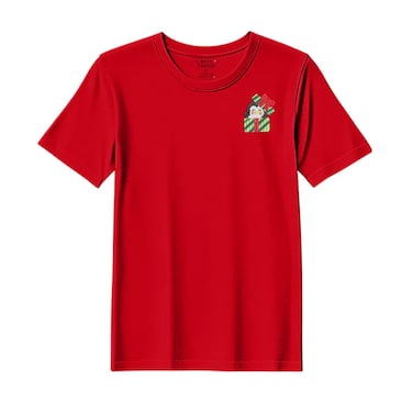 BYFT Threads XL Red Polycotton T-Shirt - Christmas "Penguin Gift Box" Embroidered Design, Premium Holiday Collection