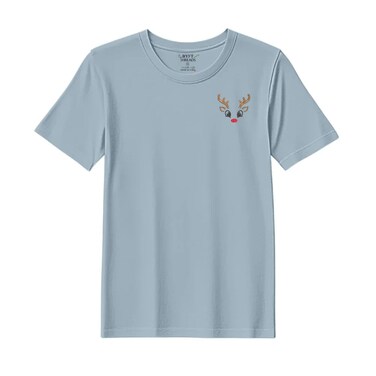 BYFT Threads Medium Baby Blue Polycotton T-Shirt - Christmas "Reindeer Face" Embroidered Design, Premium Holiday Collection
