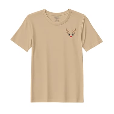 BYFT Threads XXL Beige Polycotton T-Shirt - Christmas "Reindeer Face" Embroidered Design, Premium Holiday Collection
