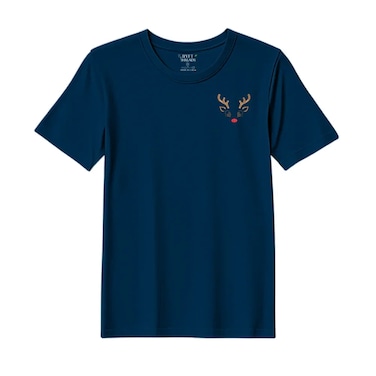 BYFT Threads Medium Navy Blue Polycotton T-Shirt - Christmas "Reindeer Face" Embroidered Design, Premium Holiday Collection