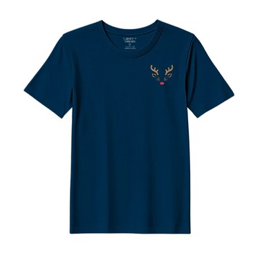 BYFT Threads Large Navy Blue Polycotton T-Shirt - Christmas "Reindeer Face" Embroidered Design, Premium Holiday Collection