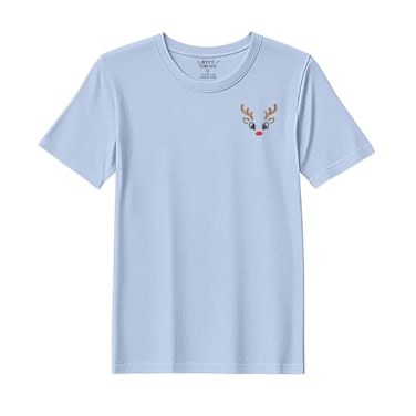 BYFT Threads Large Sky Blue Polycotton T-Shirt - Christmas "Reindeer Face" Embroidered Design, Premium Holiday Collection