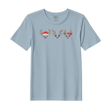 BYFT Threads Large Baby Blue Polycotton T-Shirt - Christmas "Reindeer Face Trio" Embroidered Design, Premium Holiday Collection
