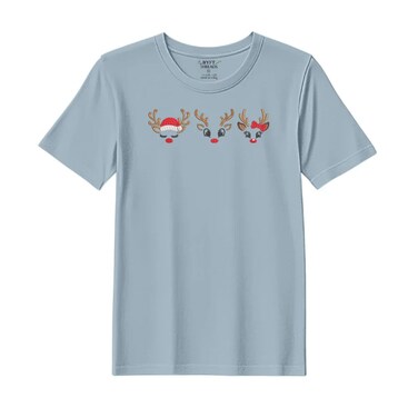 BYFT Threads XL Baby Blue Polycotton T-Shirt - Christmas "Reindeer Face Trio" Embroidered Design, Premium Holiday Collection