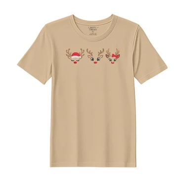 BYFT Threads XL Beige Polycotton T-Shirt - Christmas "Reindeer Face Trio" Embroidered Design, Premium Holiday Collection