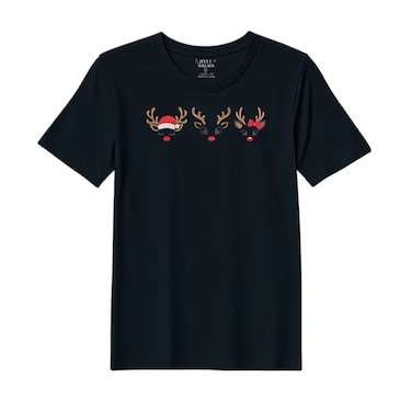 BYFT Threads XL Black Polycotton T-Shirt - Christmas "Reindeer Face Trio" Embroidered Design, Premium Holiday Collection
