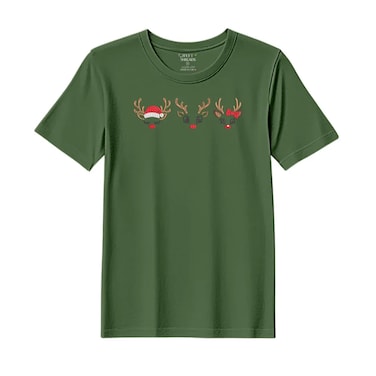 BYFT Threads Medium Forest ELF Green Polycotton T-Shirt - Christmas "Reindeer Face Trio" Embroidered Design, Premium Holiday Collection