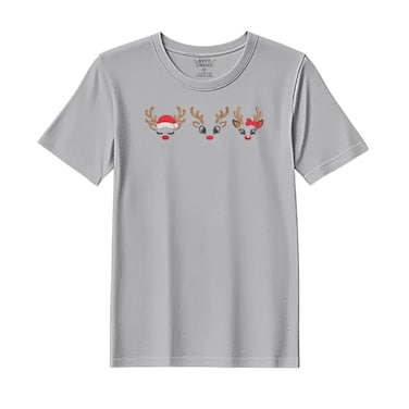 BYFT Threads XXL Grey Polycotton T-Shirt - Christmas "Reindeer Face Trio" Embroidered Design, Premium Holiday Collection
