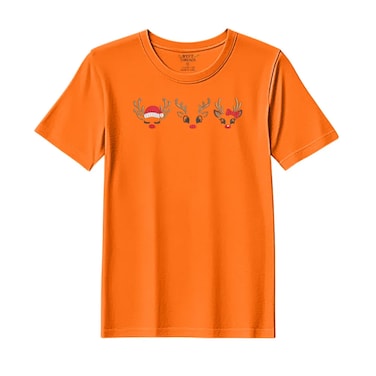 BYFT Threads Large Orange Polycotton T-Shirt - Christmas "Reindeer Face Trio" Embroidered Design, Premium Holiday Collection