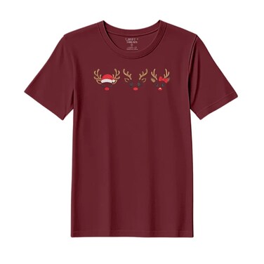 BYFT Threads Medium Pomegranate Polycotton T-Shirt - Christmas "Reindeer Face Trio" Embroidered Design, Premium Holiday Collection