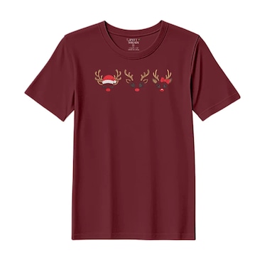 BYFT Threads Large Pomegranate Polycotton T-Shirt - Christmas "Reindeer Face Trio" Embroidered Design, Premium Holiday Collection