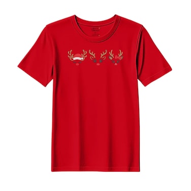 BYFT Threads Large Red Polycotton T-Shirt - Christmas "Reindeer Face Trio" Embroidered Design, Premium Holiday Collection