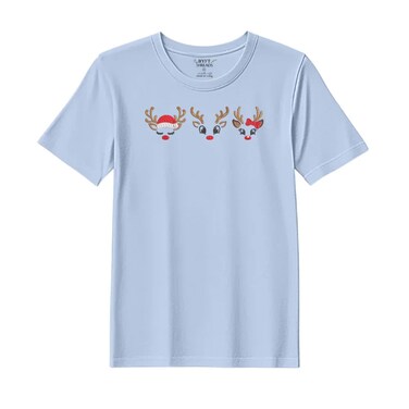 BYFT Threads Medium Sky Blue Polycotton T-Shirt - Christmas "Reindeer Face Trio" Embroidered Design, Premium Holiday Collection