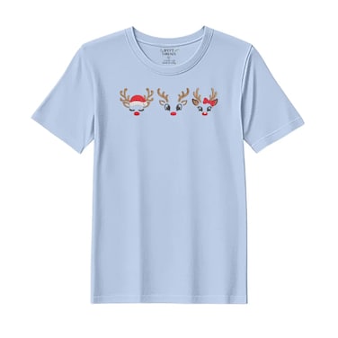 BYFT Threads XL Sky Blue Polycotton T-Shirt - Christmas "Reindeer Face Trio" Embroidered Design, Premium Holiday Collection