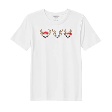 BYFT Threads Medium White Polycotton T-Shirt - Christmas "Reindeer Face Trio" Embroidered Design, Premium Holiday Collection