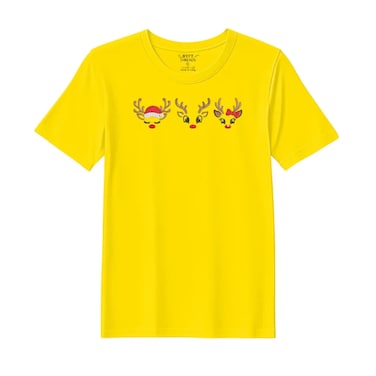 BYFT Threads Medium Yellow Polycotton T-Shirt - Christmas "Reindeer Face Trio" Embroidered Design, Premium Holiday Collection