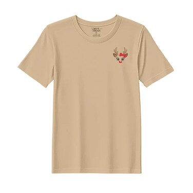 BYFT Threads Large Beige Polycotton T-Shirt - Christmas "Reindeer Face with Bow" Embroidered Design, Premium Holiday Collection