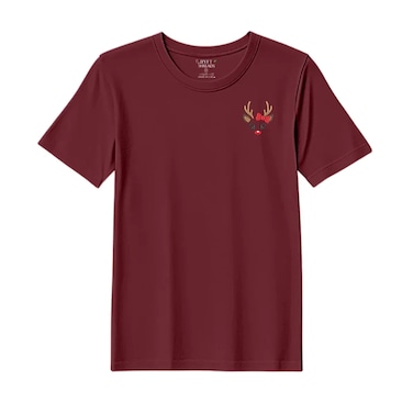 BYFT Threads Medium Pomegranate Polycotton T-Shirt - Christmas "Reindeer Face with Bow" Embroidered Design, Premium Holiday Collection