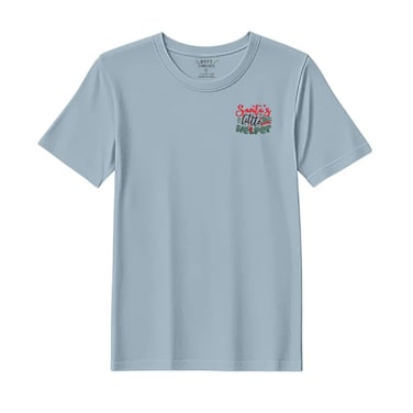 BYFT Threads Medium Baby Blue Polycotton T-Shirt - Christmas "Santas Little Helper" Embroidered Design, Premium Holiday Collection