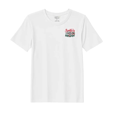 BYFT Threads XL White Polycotton T-Shirt - Christmas "Santas Little Helper" Embroidered Design, Premium Holiday Collection