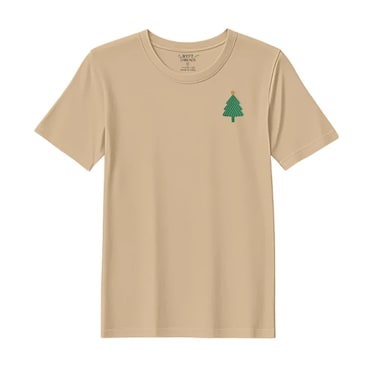 BYFT Threads Medium Beige Polycotton T-Shirt - Christmas "Simple Christmas Tree with Star" Embroidered Design, Premium Holiday Collection