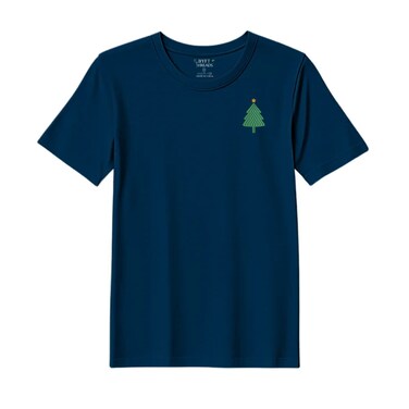 BYFT Threads Large Navy Blue Polycotton T-Shirt - Christmas "Simple Christmas Tree with Star" Embroidered Design, Premium Holiday Collection