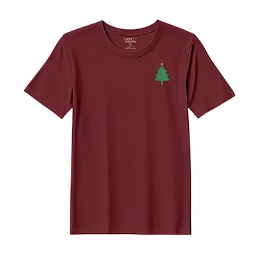 BYFT Threads Medium Pomegranate Polycotton T-Shirt - Christmas "Simple Christmas Tree with Star" Embroidered Design, Premium Holiday Collection