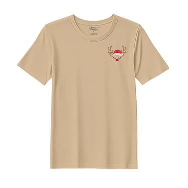 BYFT Threads Medium Beige Polycotton T-Shirt - Christmas "Sleeping Reindeer Face" Embroidered Design, Premium Holiday Collection