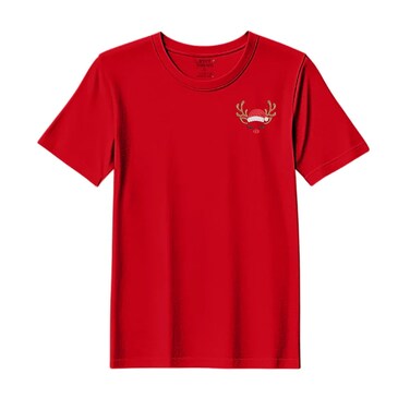 BYFT Threads Medium Red Polycotton T-Shirt - Christmas "Sleeping Reindeer Face" Embroidered Design, Premium Holiday Collection