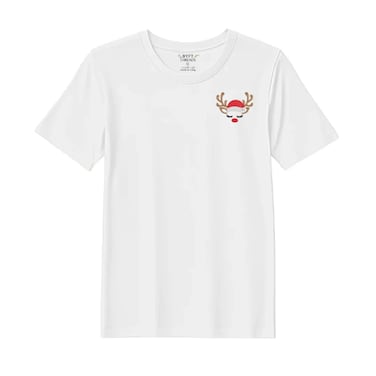 BYFT Threads Large White Polycotton T-Shirt - Christmas "Sleeping Reindeer Face" Embroidered Design, Premium Holiday Collection