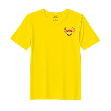 BYFT Threads Large Yellow Polycotton T-Shirt - Christmas "Sleeping Reindeer Face" Embroidered Design, Premium Holiday Collection