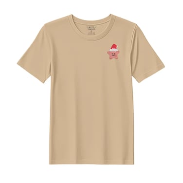 BYFT Threads Large Beige Polycotton T-Shirt - Christmas "Smiling Christmas Star with Santa Hat" Embroidered Design, Premium Holiday Collection