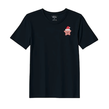 BYFT Threads Medium Black Polycotton T-Shirt - Christmas "Smiling Christmas Star with Santa Hat" Embroidered Design, Premium Holiday Collection