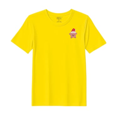 BYFT Threads Medium Yellow Polycotton T-Shirt - Christmas "Smiling Christmas Star with Santa Hat" Embroidered Design, Premium Holiday Collection