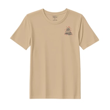 BYFT Threads Medium Beige Polycotton T-Shirt - Christmas "Starry Christmas Tree" Embroidered Design, Premium Holiday Collection