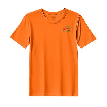 BYFT Threads Large Orange Polycotton T-Shirt - Christmas "Vintage Christmas Truck with Tree" Embroidered Design, Premium Holiday Collection