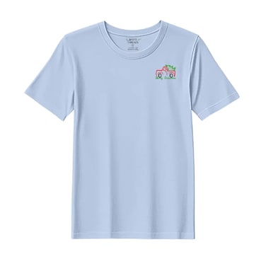 BYFT Threads Medium Sky Blue Polycotton T-Shirt - Christmas "Vintage Christmas Truck with Tree" Embroidered Design, Premium Holiday Collection