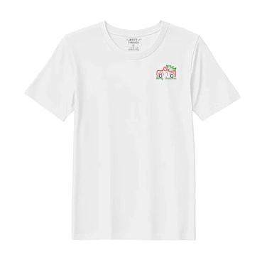 BYFT Threads Medium White Polycotton T-Shirt - Christmas "Vintage Christmas Truck with Tree" Embroidered Design, Premium Holiday Collection