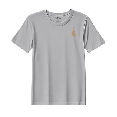 BYFT Threads Medium Grey Polycotton T-Shirt - Christmas "Zigzag Christmas Tree" Embroidered Design, Premium Holiday Collection